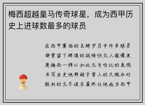 梅西超越皇马传奇球星，成为西甲历史上进球数最多的球员